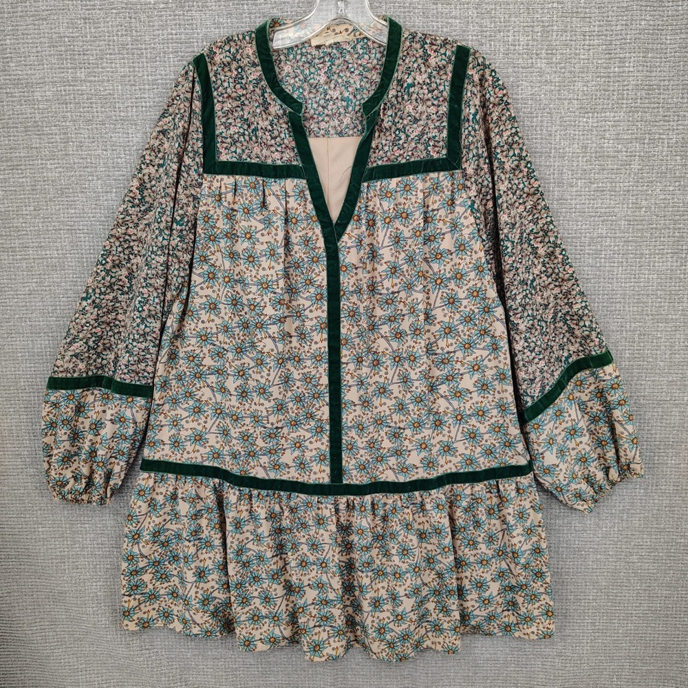 Entro Floral Velvet Trim Tunic Dress Women Size M Boho Cottagecore Flowy